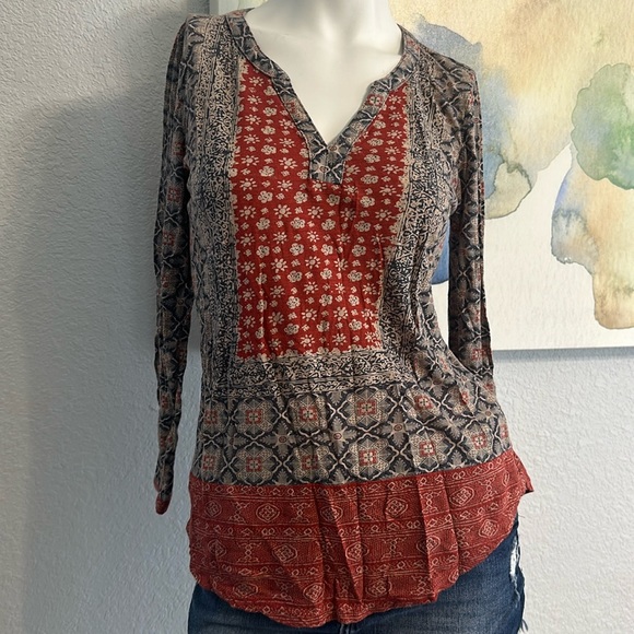 Lucky Brand Tops - Lucky Brand Peasant Top Boho Mixed Print Border Blouse Lightweight